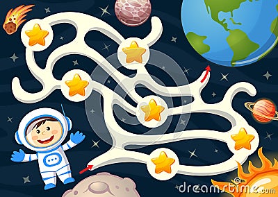 Help cosmonaut find path to Earth and collect all stars. Labyrinth. Maze game for kids Vector Illustration